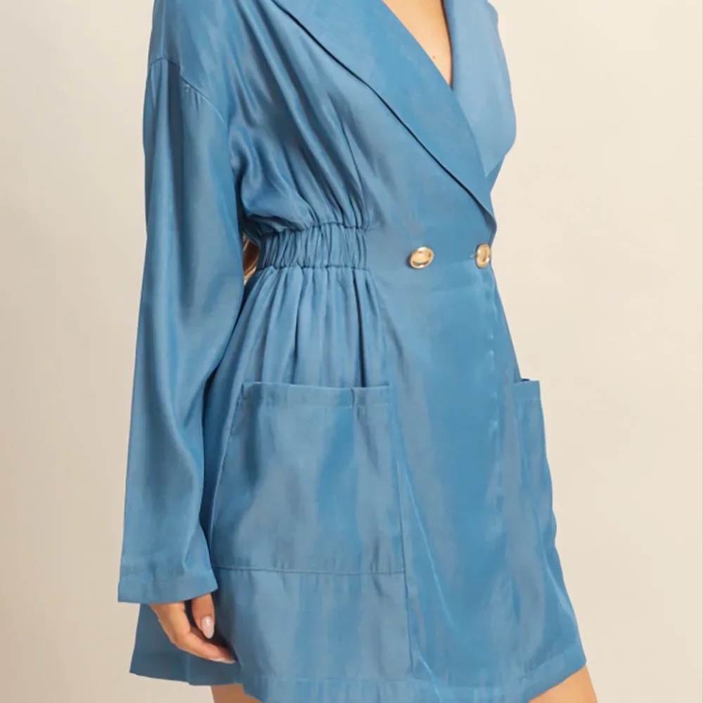 Chambray Long Sleeve Wrap Mini Dress with Pockets